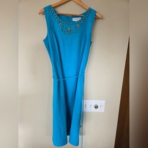 Sag Harbor Turquoise Embellished Midi Dress Size 10 Linen Blend Lined
